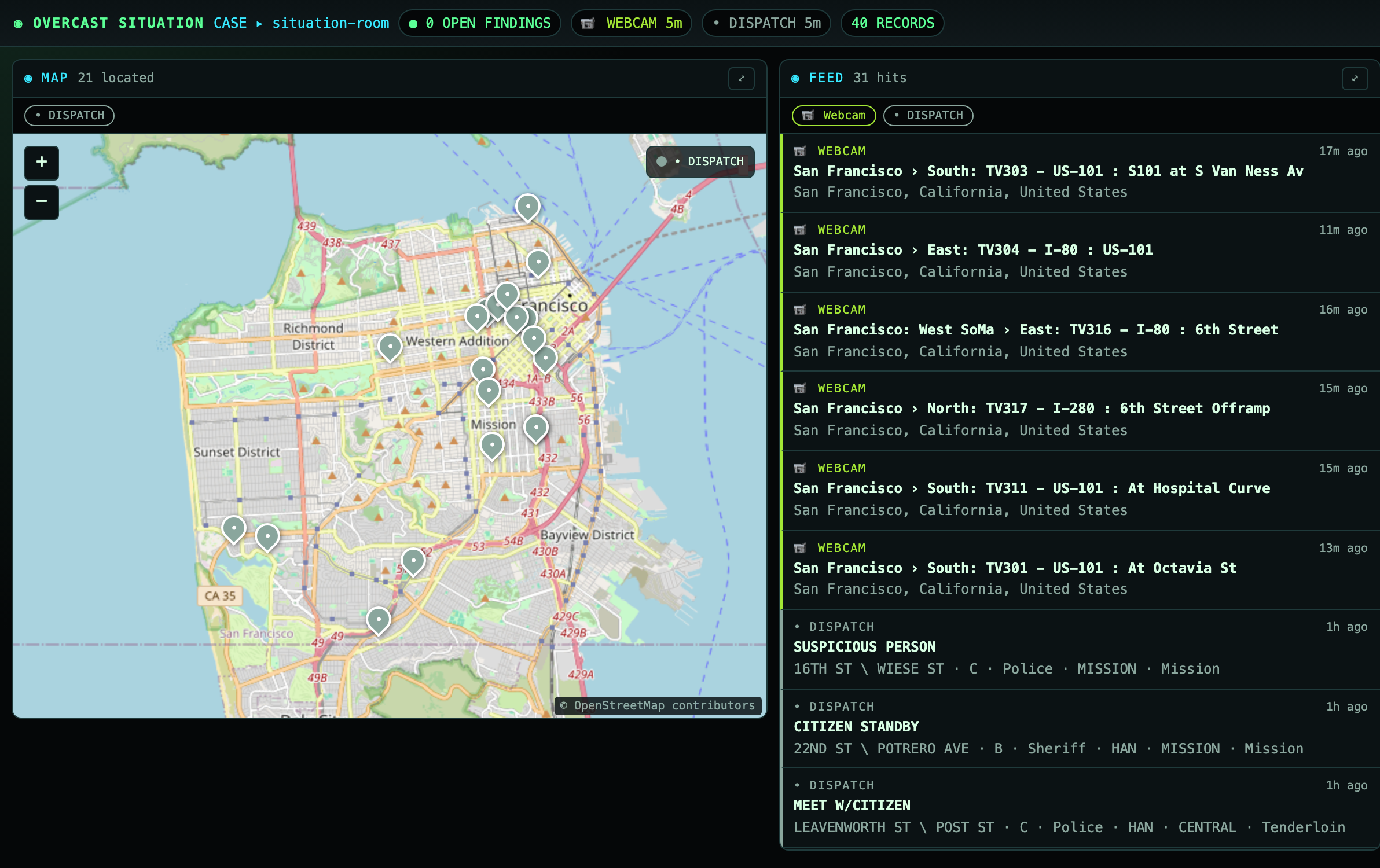 overcast situation dashboard: an SF map of geolocated police dispatch calls beside a live feed of traffic-camera locations and CAD calls